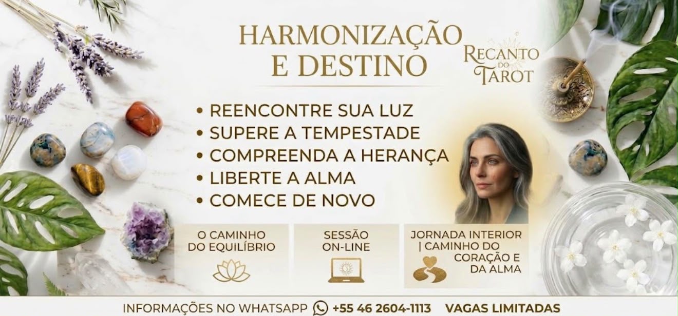 Harmonização e Destino: reencontre sua luz, supere a tempestade, compreenda a herança, liberte a alma e comece de novo. Sessões on-line — informações no WhatsApp +55 46 2604-1113. Vagas limitadas.